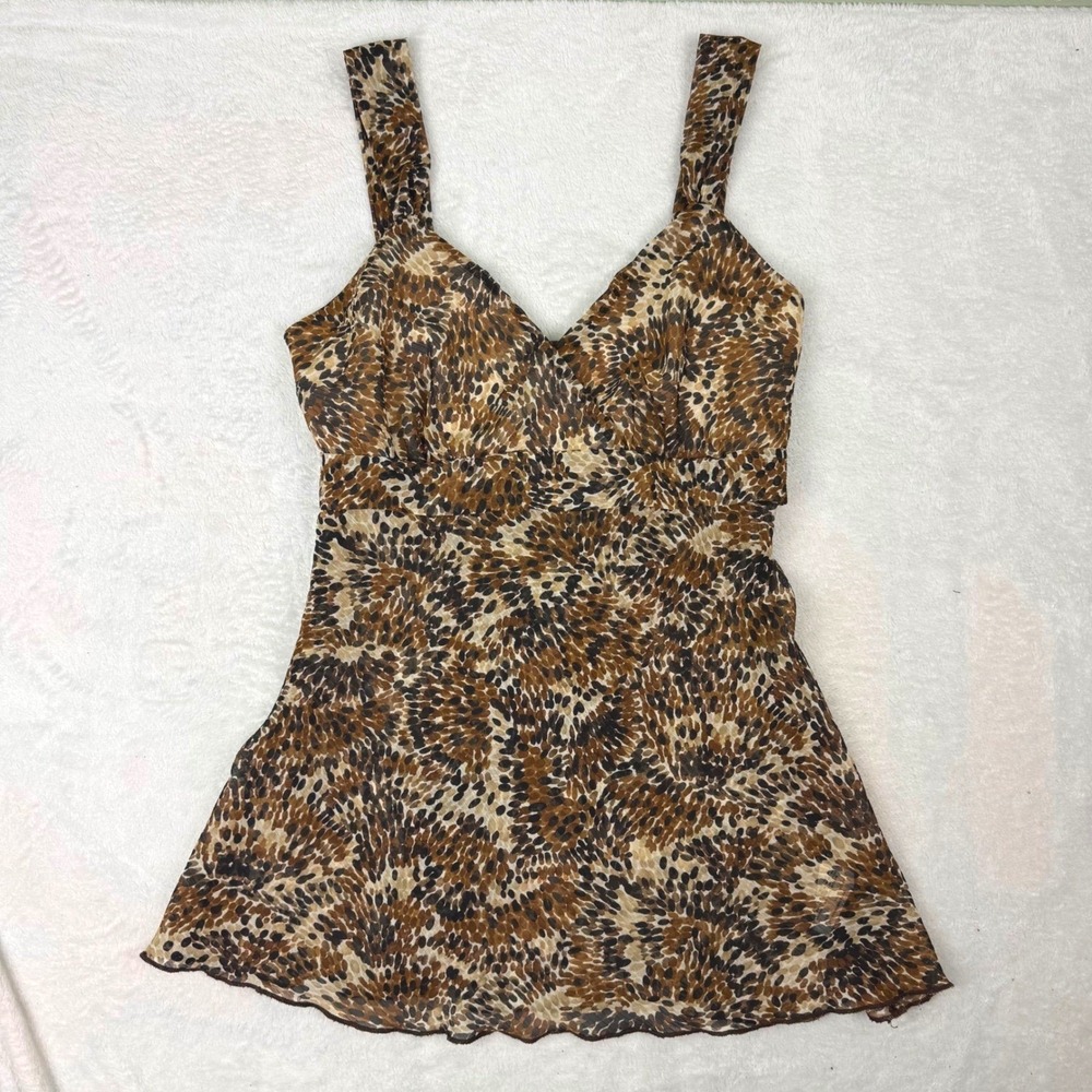 IZ Byer Animal Print‎ Babydoll Cami Top Brown Y2K Sheer Tie Back Large